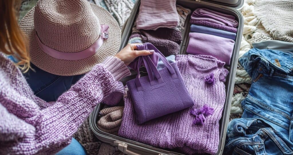 Open suitcases were laid out on the ground, packed with neatly folded hats and scarves and other accessories. The woman's hand holds a purple makeup bag, indicating that the purple makeup should be packed inside. In front of her lay an elegant light purple sweater with knitted textures visible through the fabric, and on the other side of the suitcase lay jeans and clothes, with natural light pouring down from above to create a homey atmosphere.